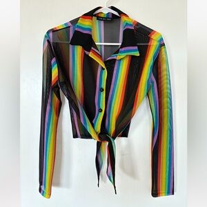 One by One Rainbow Striped Sheer Button Down Shirt